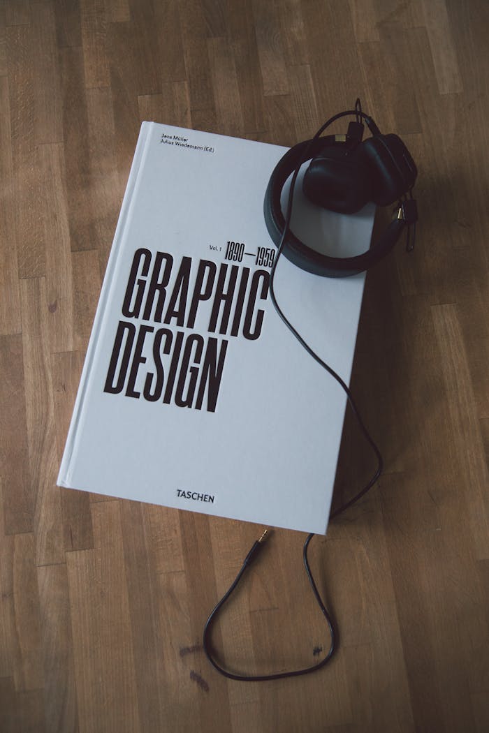 our-services-3 Discover graphic design history with this book and headphones on a wooden floor.